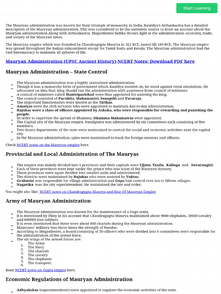 Mauryan Administration - Ancient History NCERT Notes For UPSC Exam | PDF