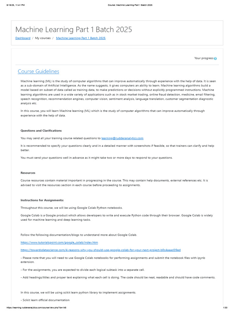 Course - Machine Learning Part 1 Batch 2025 | PDF | Machine Learning ...