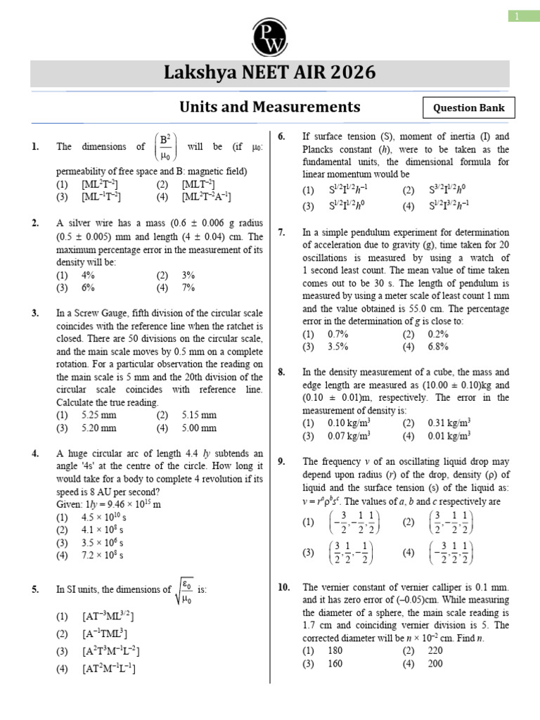 NEET 2026: Units and Measurements Guide | PDF | Pendulum | Density