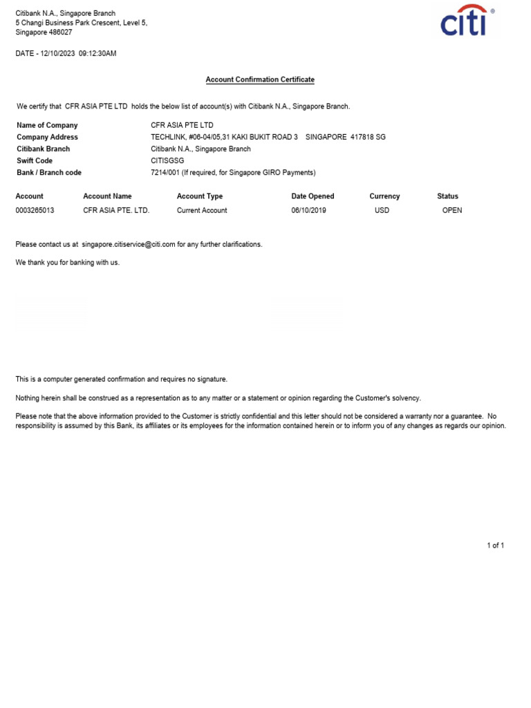 CFR 20231012 Bank Account Confirmation Certificate | PDF