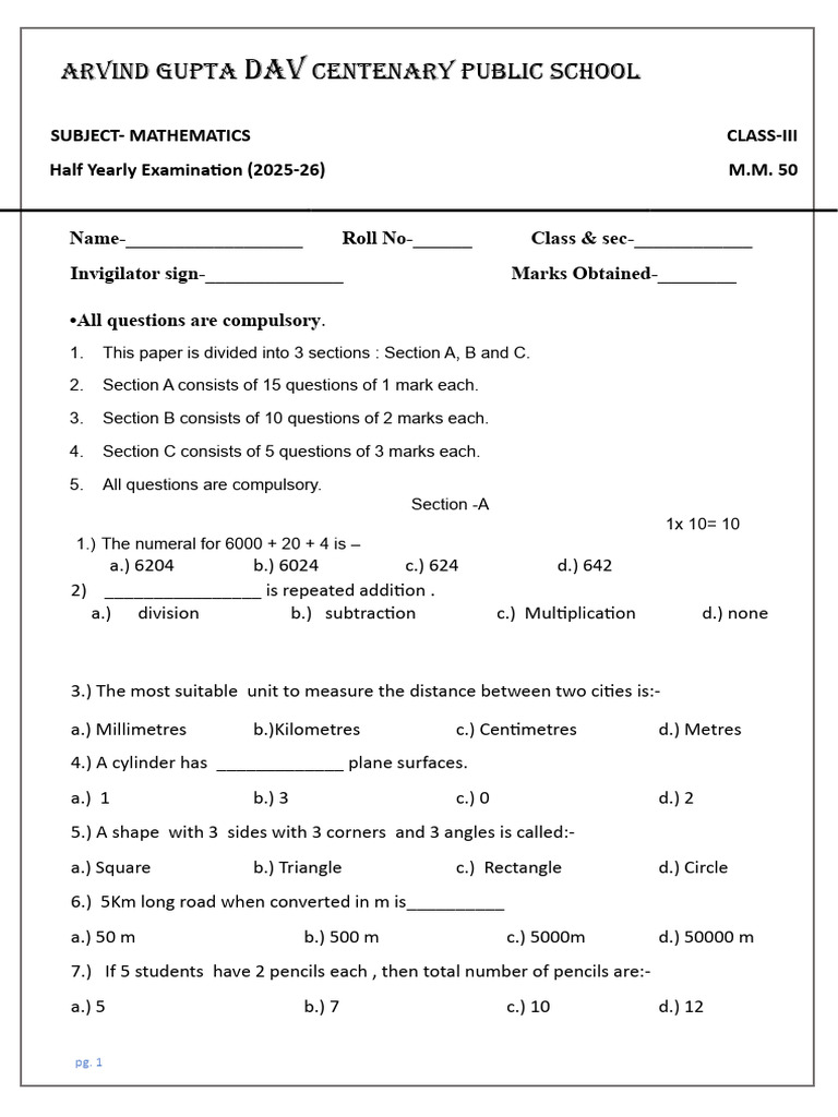 Class III Term - 1 Paper Corrected | PDF | Geometry | Elementary ...