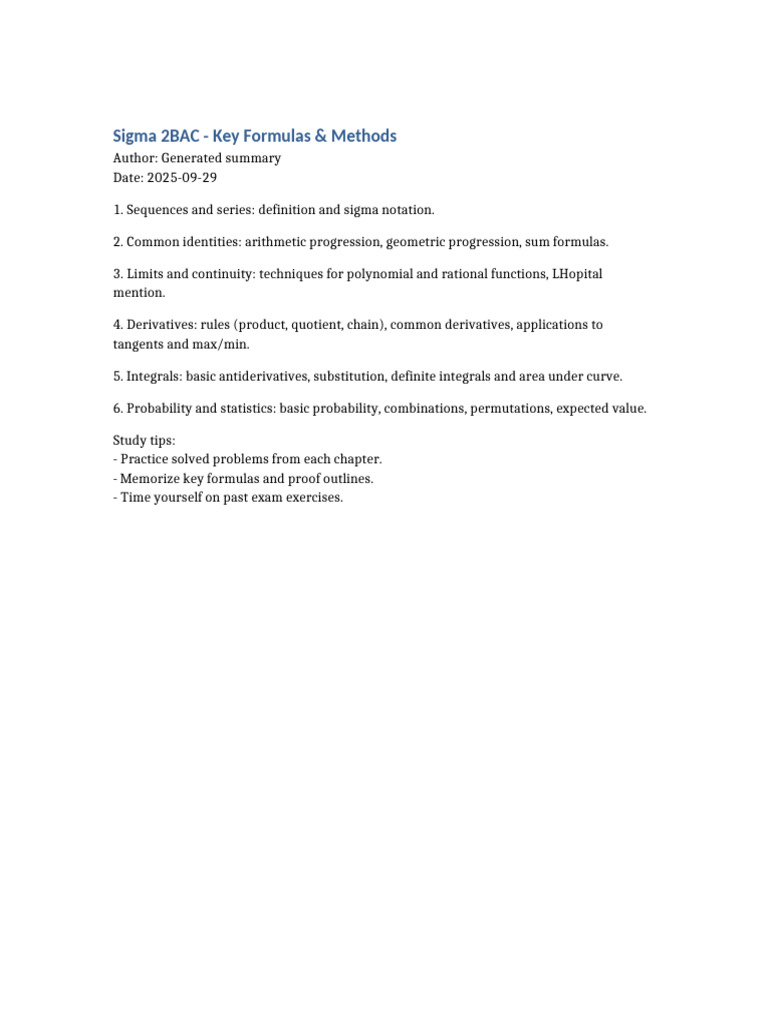 Sigma 2BAC Math Summary | PDF