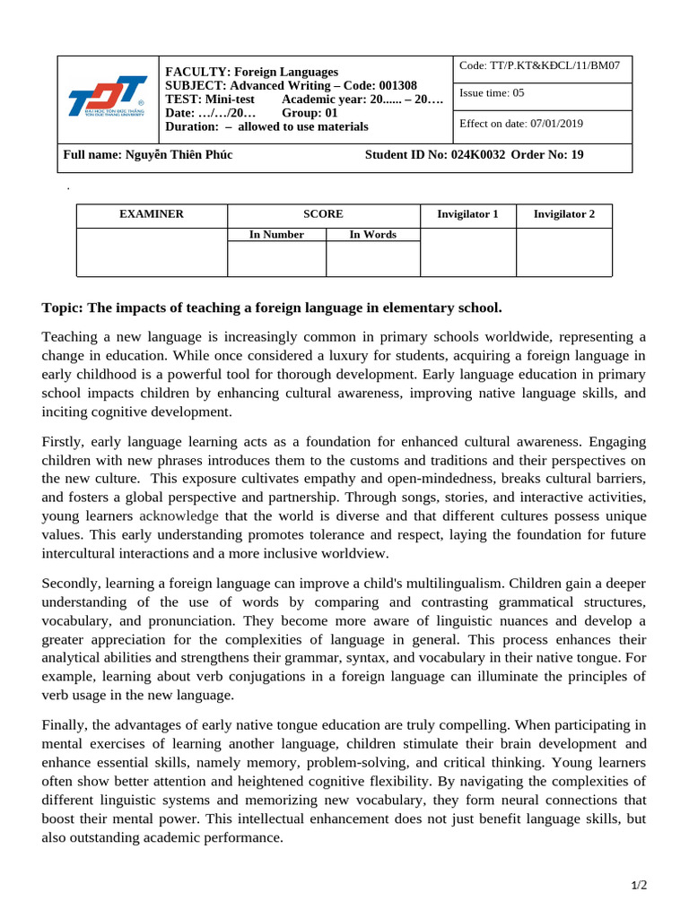 Benefits of Early Foreign Language Education | PDF | Foreign Language ...