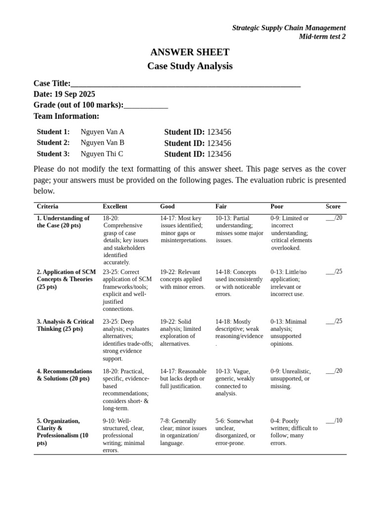 Mid-Term Test. Answer Sheet | PDF