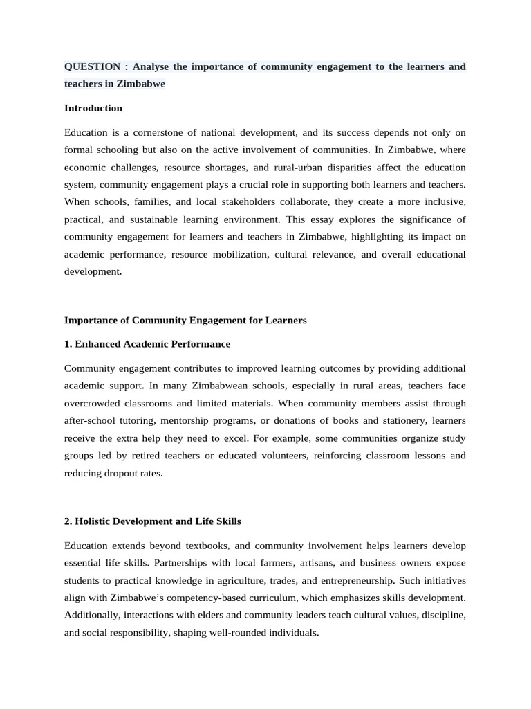 Importance of Community Engagement in Zimbabwe | PDF | Teachers | Learning