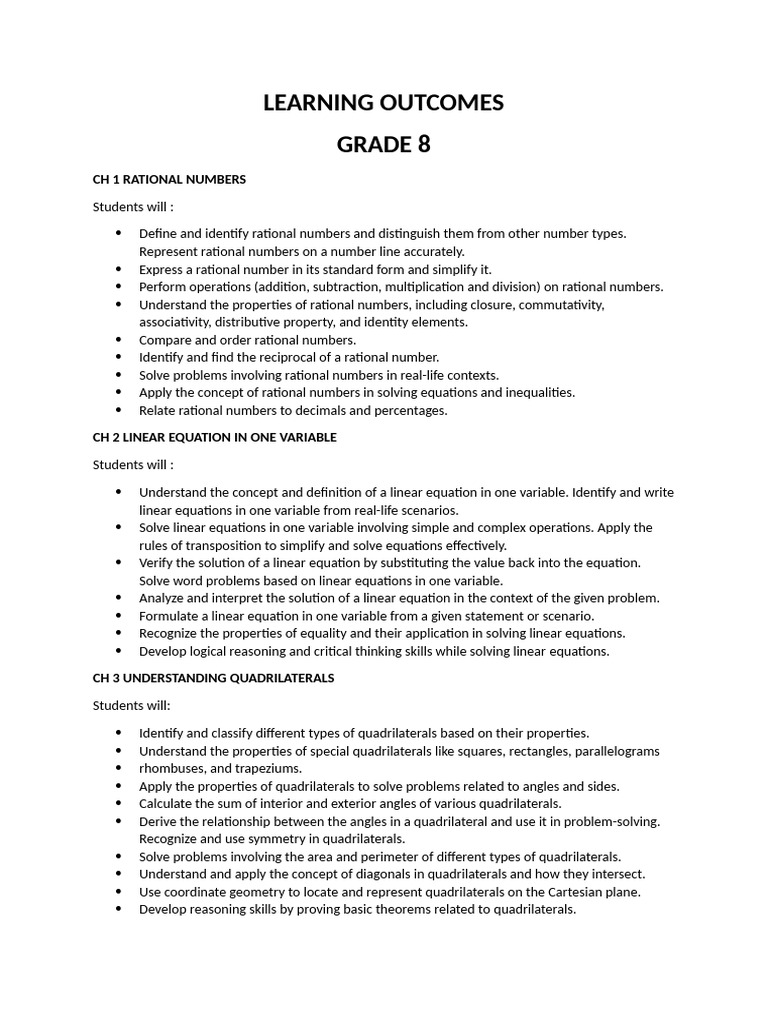 Grade 8 Math Learning Outcomes | PDF | Area | Exponentiation