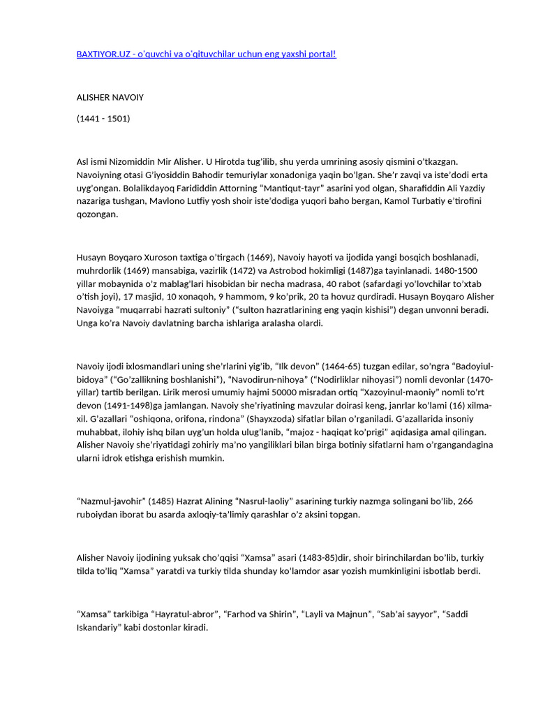 Alisher Navoiy G'azallari To'plami @baxtiyoruz - 300121203620 | PDF