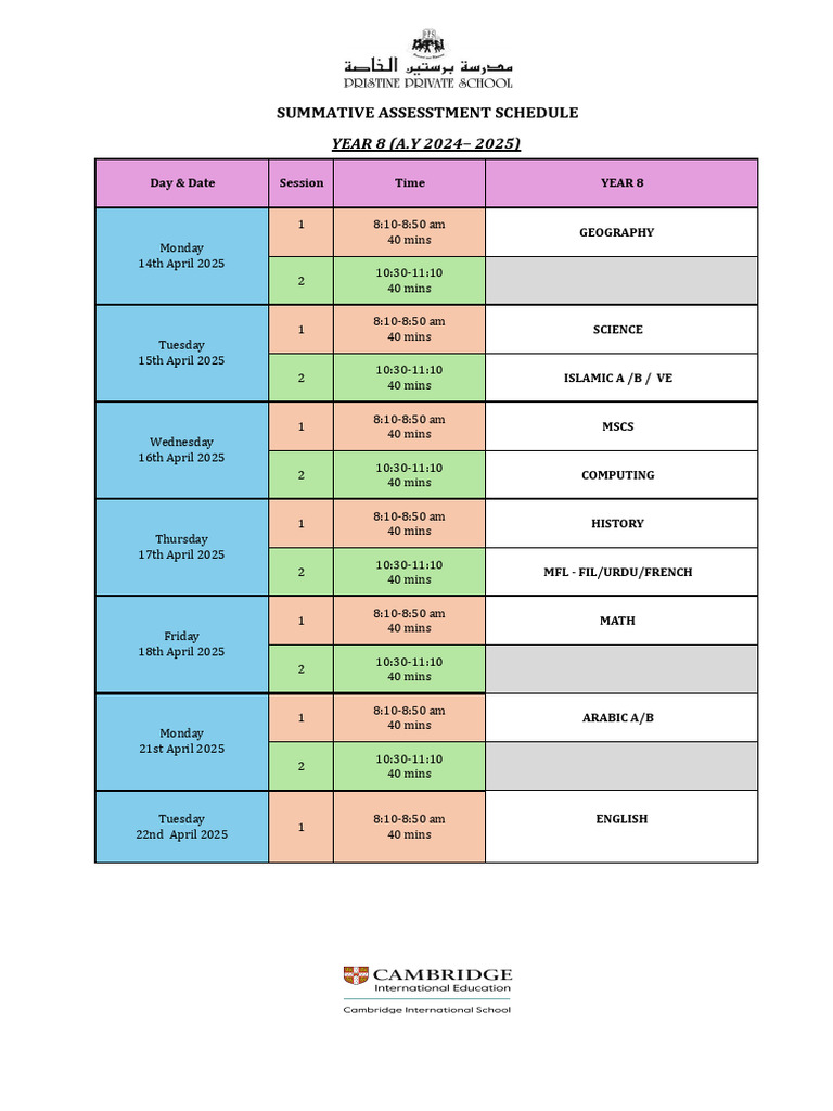 Year 8 - Summative Assessment Shedule - April | PDF