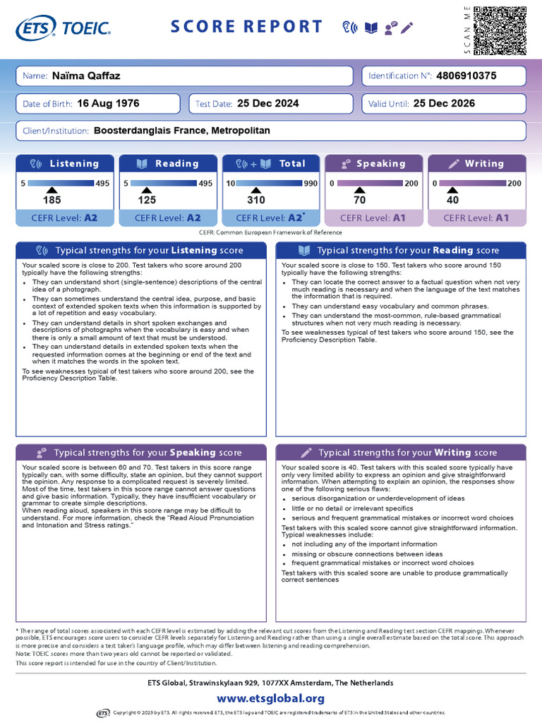 TOEIC Score Report Summary A1-A2 | PDF | Learning | Applied Linguistics
