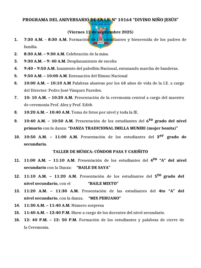 Programa Aniversario I.E. N° 10164 2025 | PDF