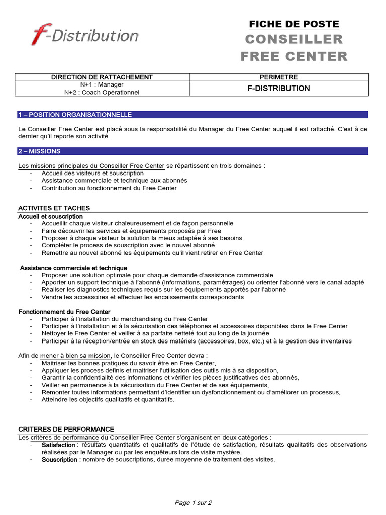 Fiche de Poste : Conseiller Free Center | PDF
