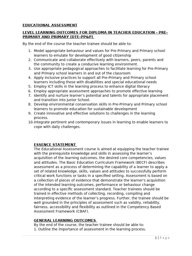 DTE Learning Outcomes and Assessment Guide | PDF | Educational ...