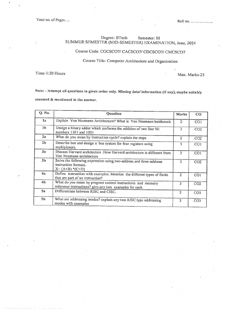 Computer Architecture Exam Questions | PDF
