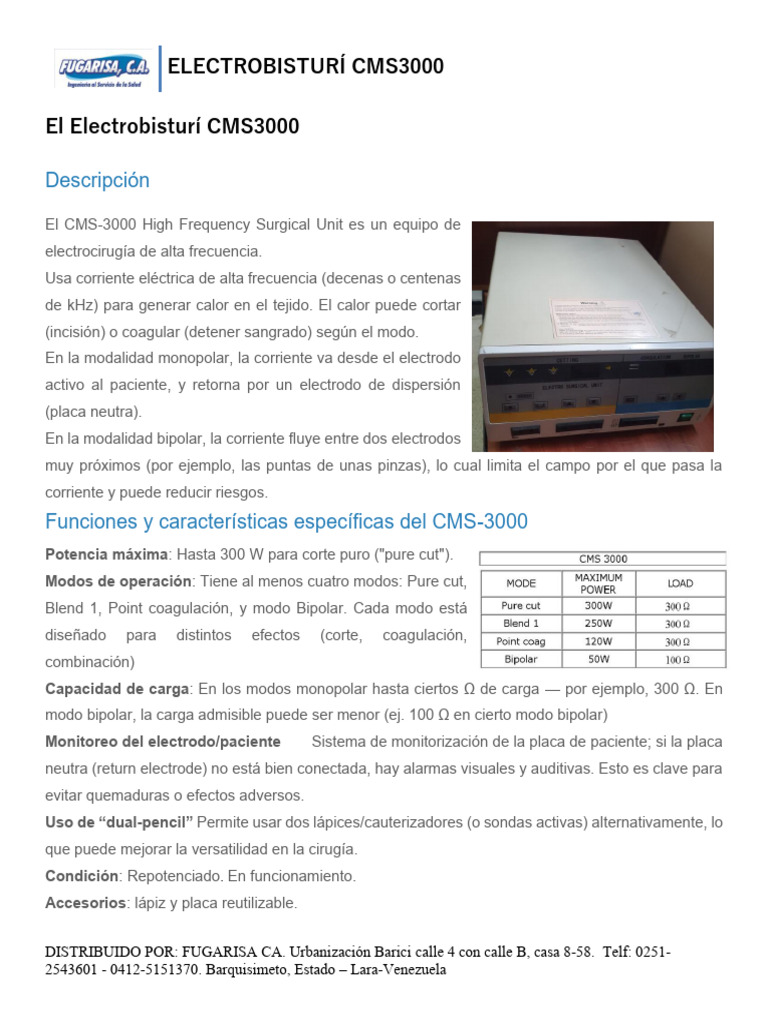 Electrobisturí CMS3000: Características y Usos | PDF