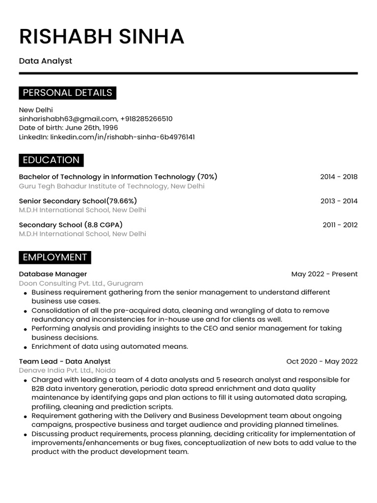 Rishabh Sinha: Data Analyst Resume | PDF | Data Analysis | Data
