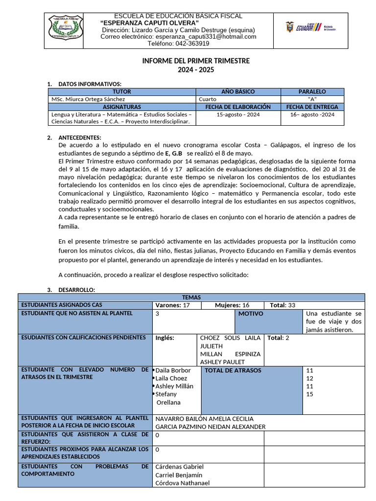 Informe Primer Trimestre 2024-2025 | PDF | Aprendizaje | Cognición