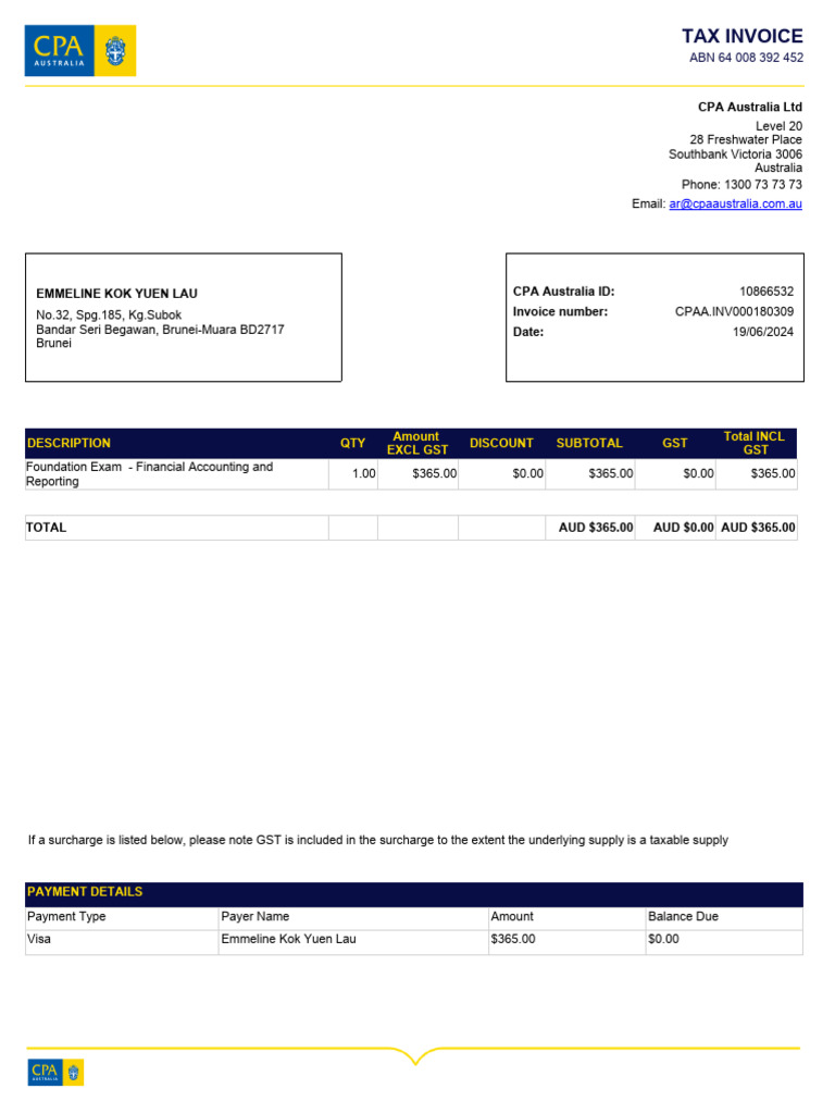 CPA Australia Tax Invoice for Exam | PDF | Services (Economics) | Money