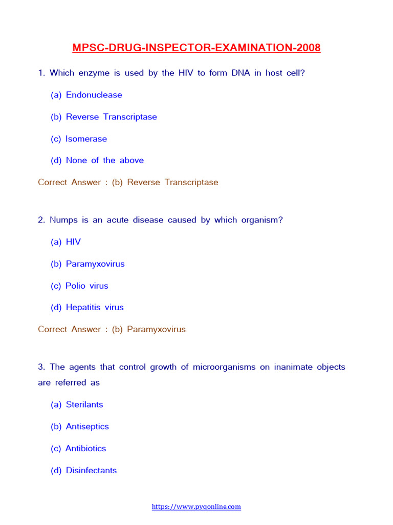 MPSC Drug Inspector Exam Questions | PDF | Sexually Transmitted ...