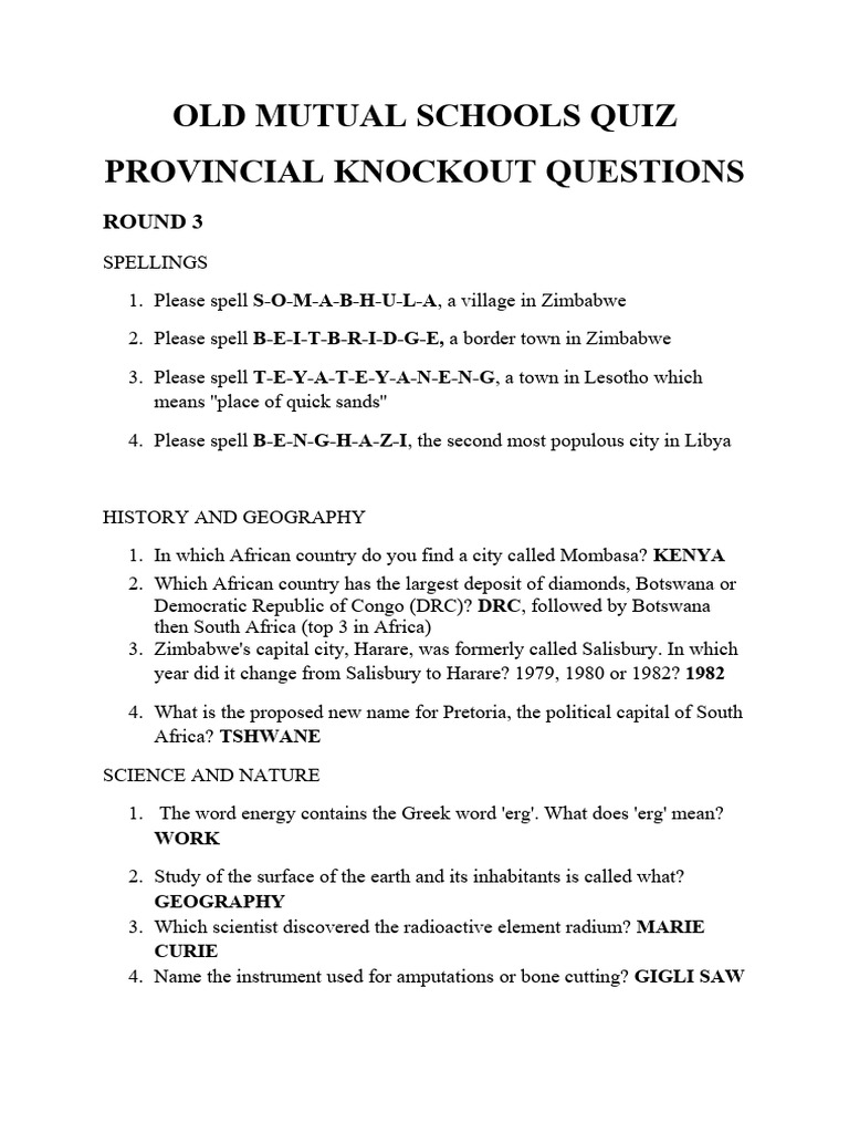 Old Mutual Schools Quiz: Round 3 | PDF