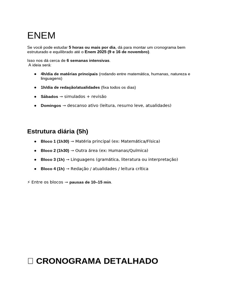 Cronograma de Estudo para o ENEM 2025 | PDF