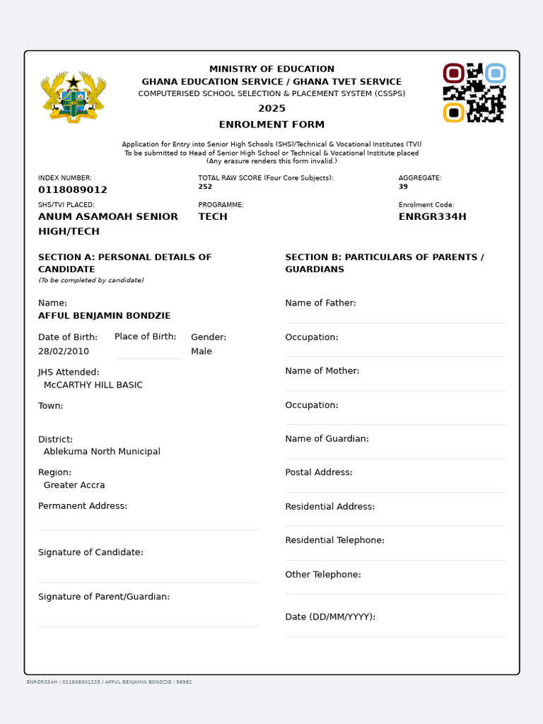 Enrolment Form Pdf Educational Stages