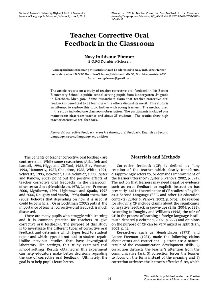 Teacher Oral Feedback in ESL Classrooms | PDF | Second Language ...