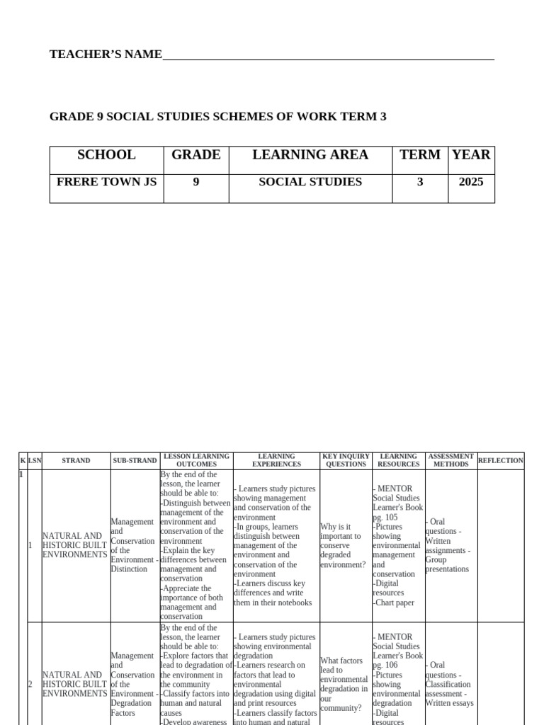 Grade 9 Social Studies Term 3 Plan | PDF | Learning | Mentorship
