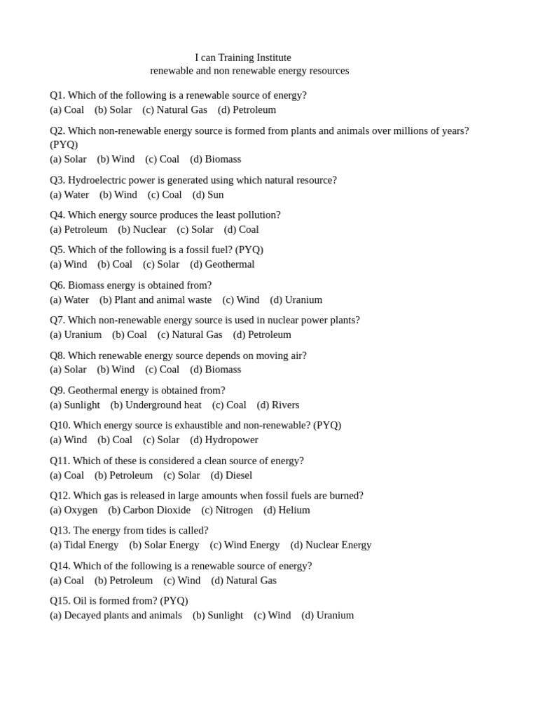 Renewable vs Non-Renewable Energy Quiz | PDF | Energy Development ...