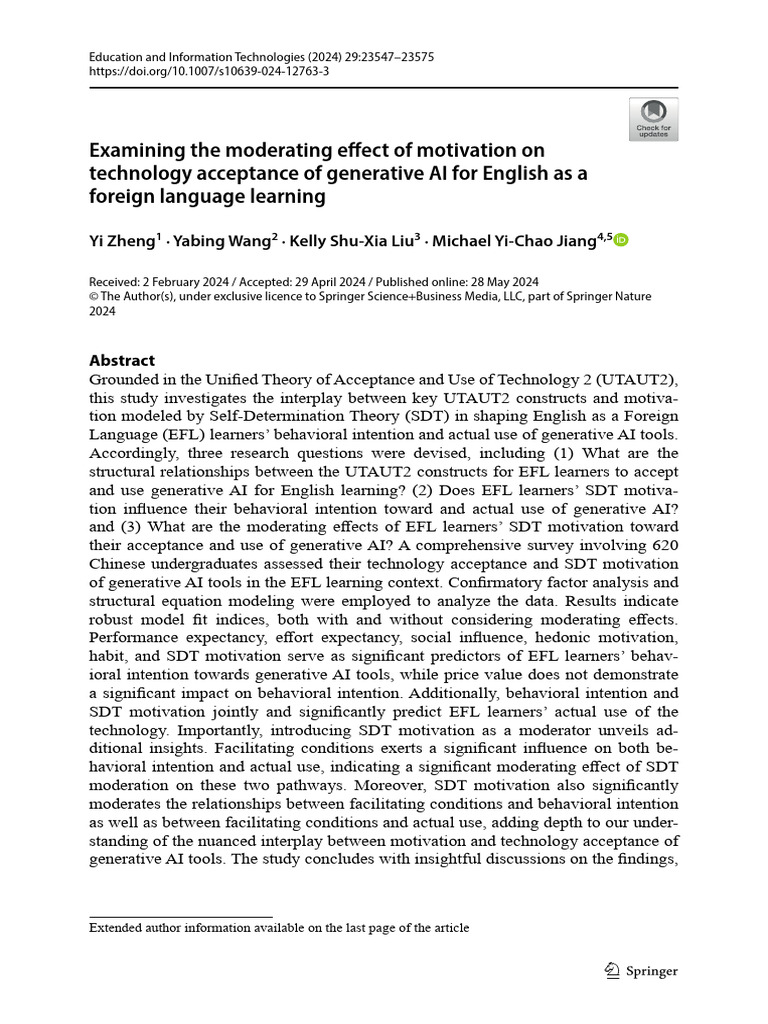 EFL Learners' Acceptance of Generative AI | PDF | Confidence Interval ...