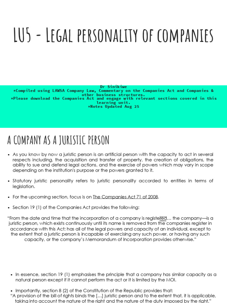 Legal Personality of Companies Explained | PDF | Piercing The Corporate ...