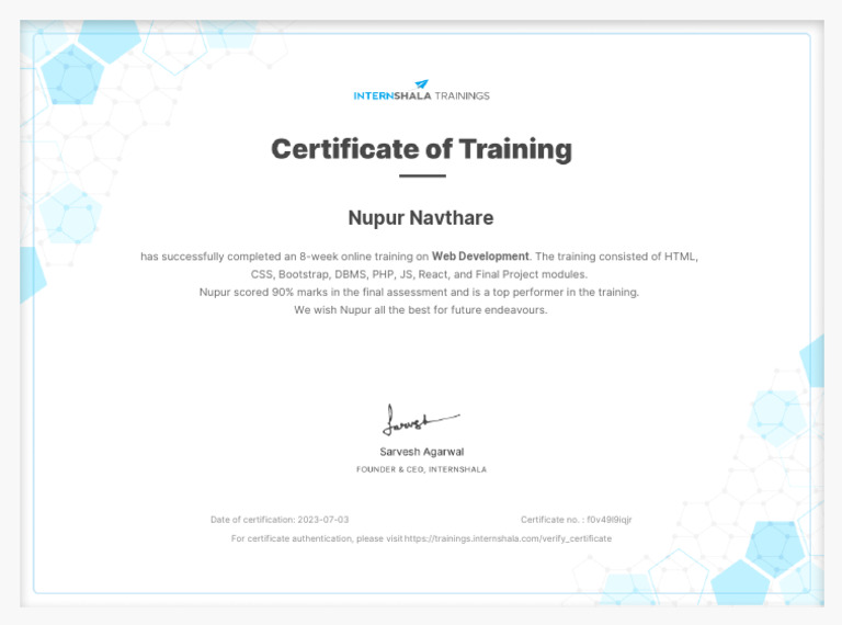 OJT Completion Certificate for Web Development | PDF