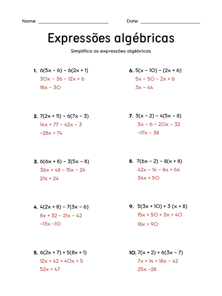 Ficha Matematica 7 Ano Simplificar Expressoes Algebricas Solucoes 1