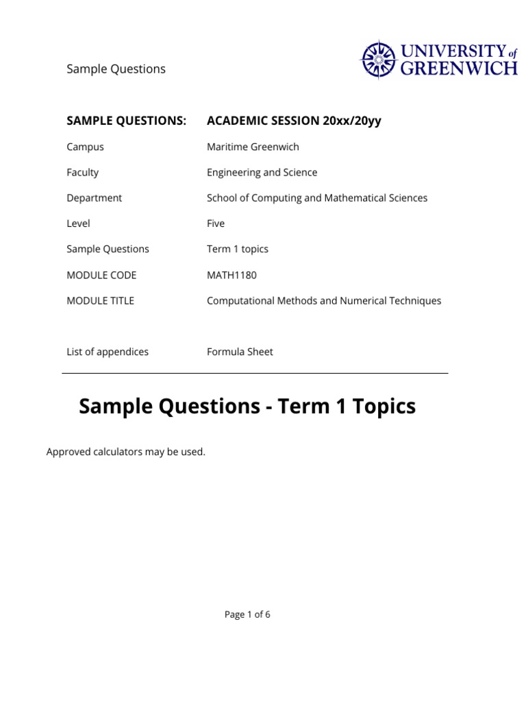 MATH1180 Sample Questions Guide | PDF | Numerical Analysis | Matrix ...