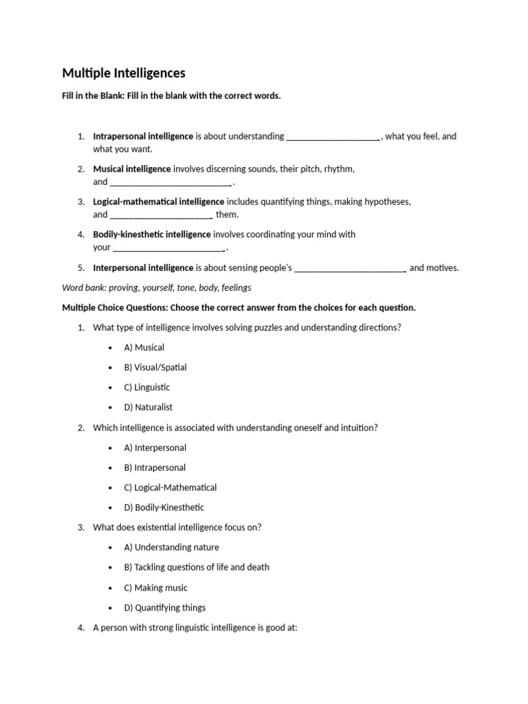 Multiple Intelligences Worksheet | PDF