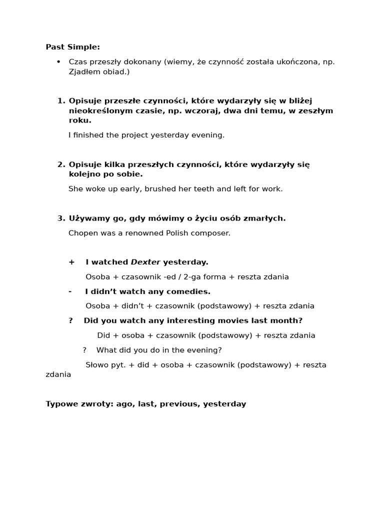 Past Simple, Past Continuous, Past Perfect - Teoria Po Polsku | PDF