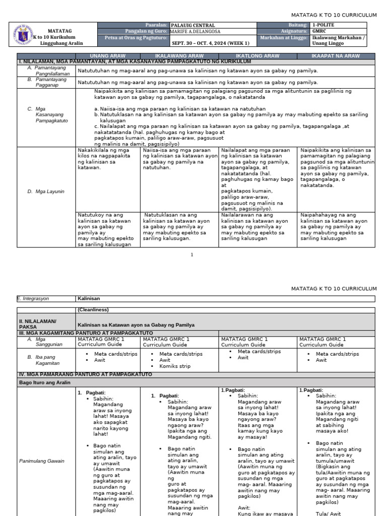 DLL Matatag GMRC 1 q2 w1 | PDF