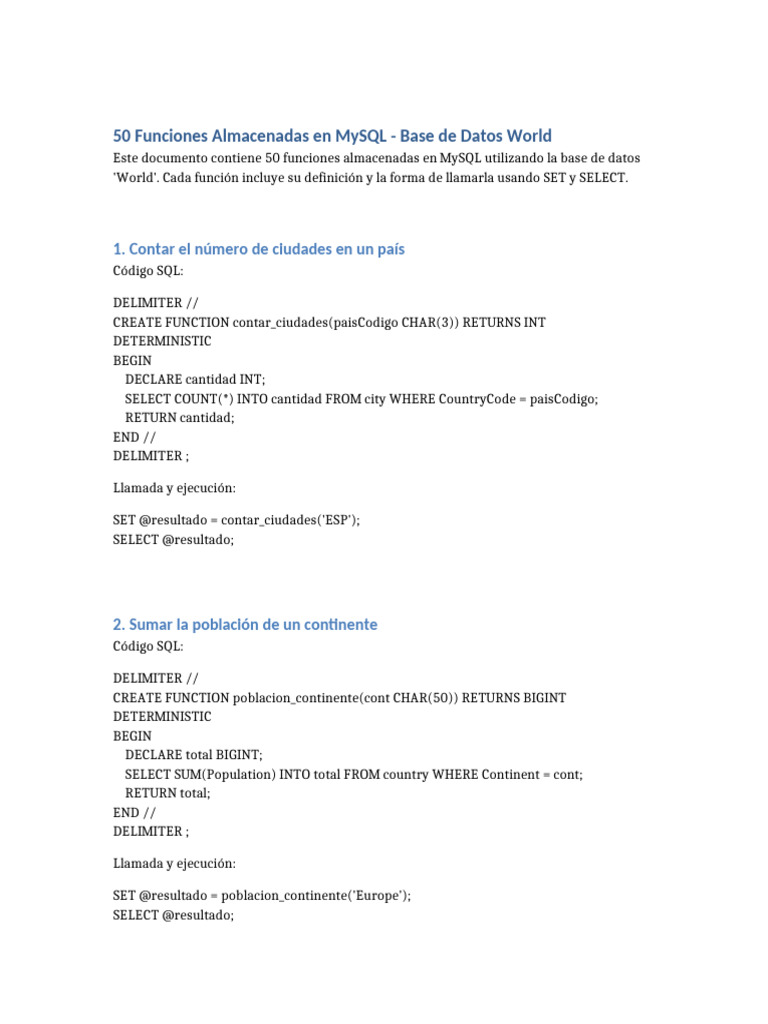 Funciones MySQL en Base de Datos World | PDF | SQL | Software de ...