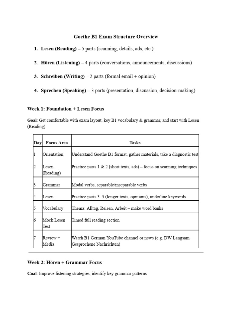 Estructura del Examen Goethe B1 | PDF | Linguistics | Grammar