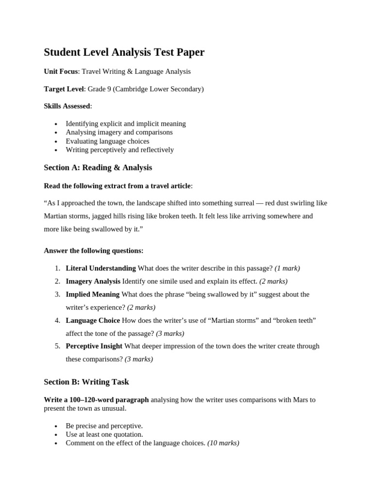 Student Level Analysis Test Paper | PDF
