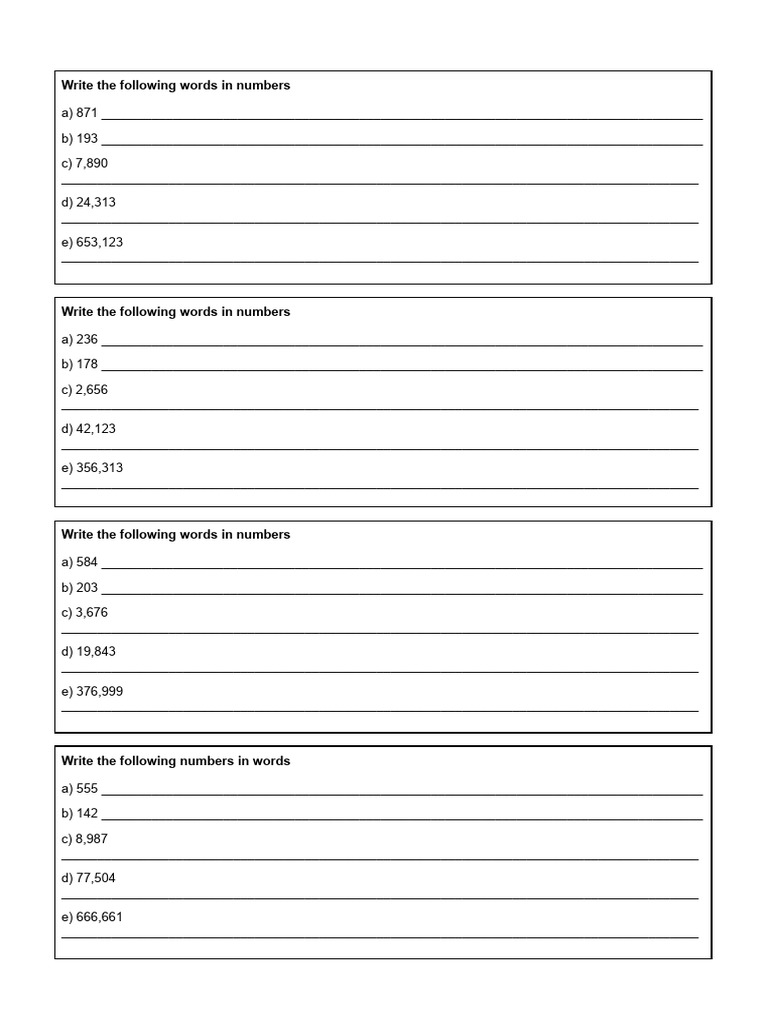 Write The Following Words in Numbers | PDF