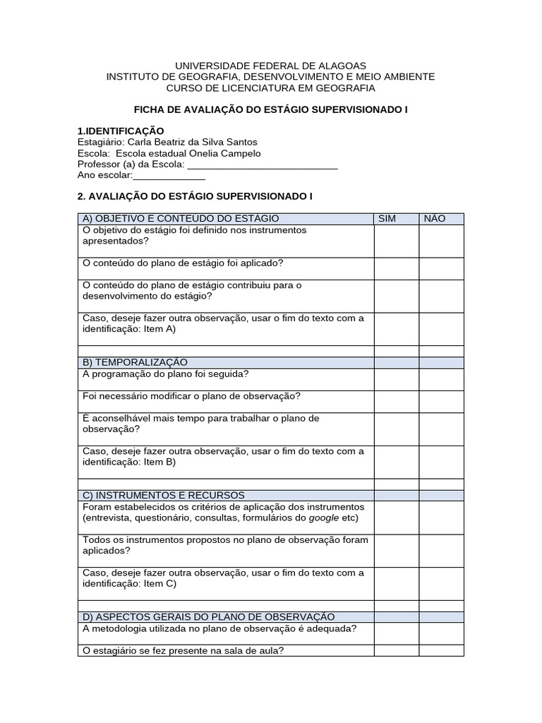 Ficha de Avaliação Estágio I | PDF