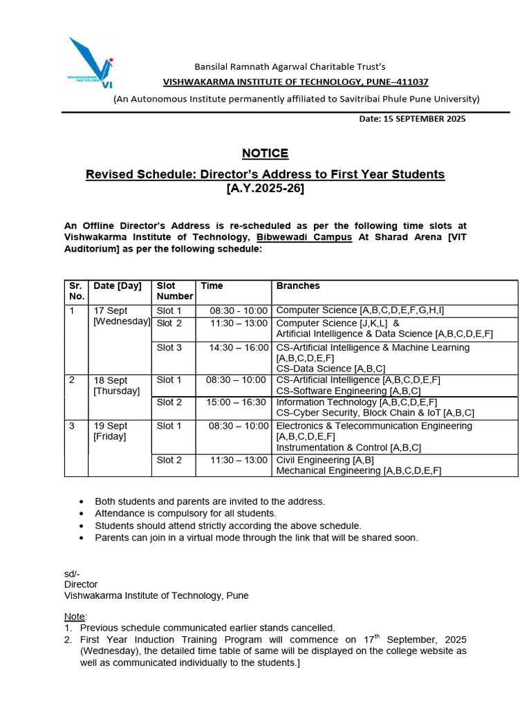 Director's Address Schedule for First Year Students | PDF | Computing ...