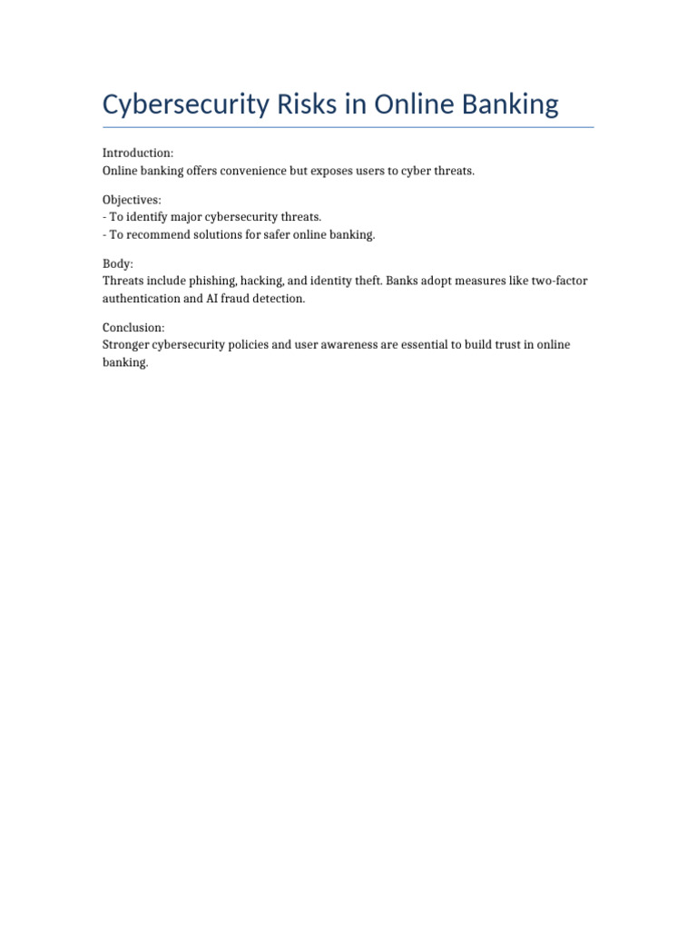 Cybersecurity Risks in Online Banking | PDF