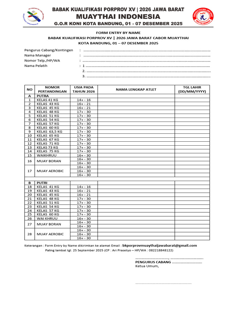 Formulir Pendaftaran Muaythai PORPROV XV | PDF