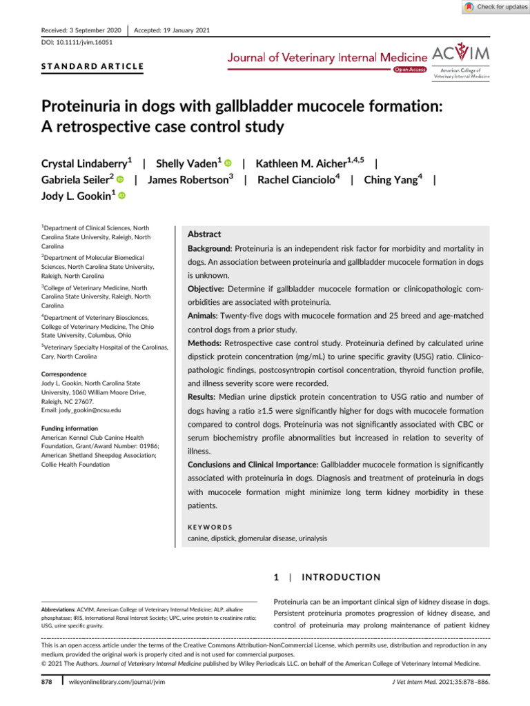 Veterinary Internal Medicine - 2021 - Lindaberry - Proteinuria in Dogs ...