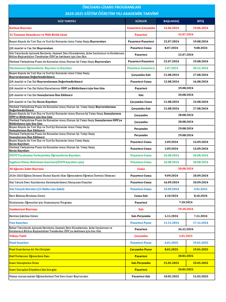 2024 2025 Guz TR Academic Calendar | PDF