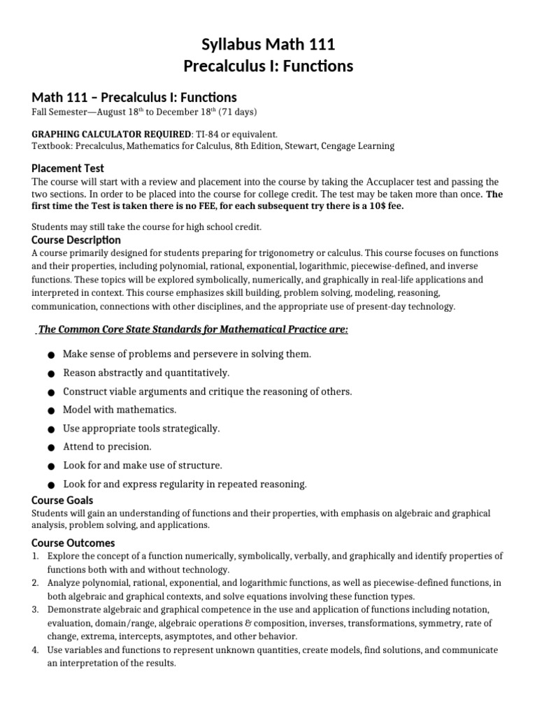 Math 111 Precalculus I Syllabus | PDF | Function (Mathematics) | Algebra