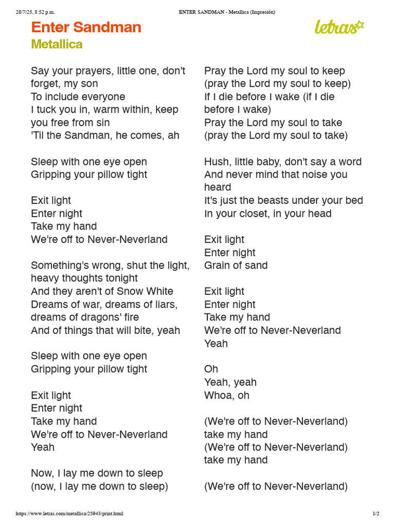 Enter Sandman Lyrics by Metallica | PDF