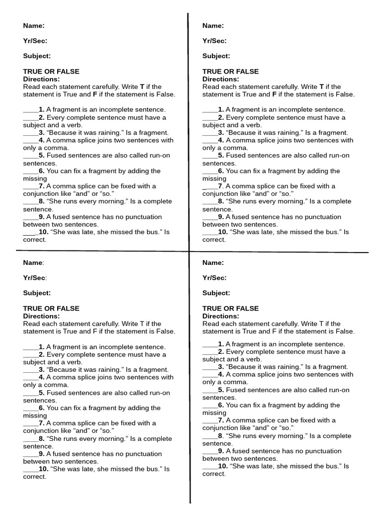 Sentence Structure True or False Quiz | PDF | Comma | Orthography