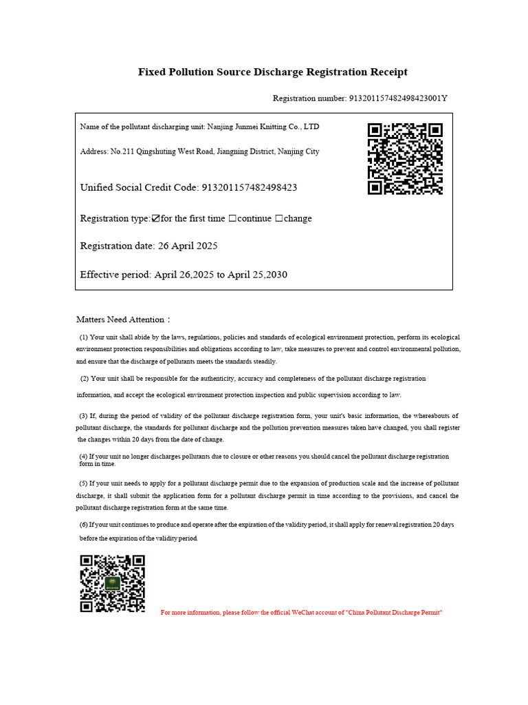Fixed Pollution Source Discharge Registration Receipt - Translated | PDF